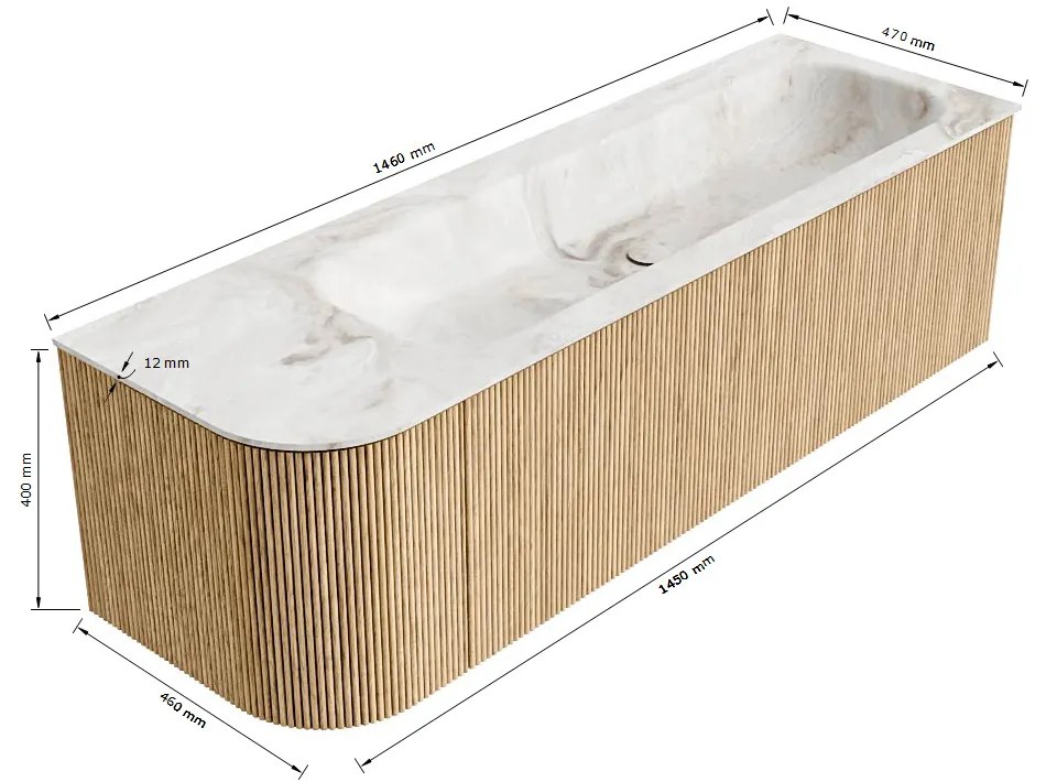 Mondiaz Kurve-dlux 145cm badmeubel ronding links walnut met 1 lade en deur en wastafel big large rechts zonder kraangat glace