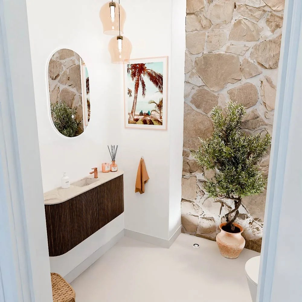 Mondiaz Joya DLux 95cm toiletmeubel ronding links/rechts walnut met wastafel faye midden 1 kraangat frappe