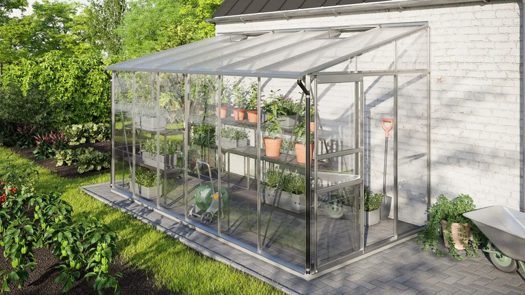 Vitavia Ida muurserre 7,8m² met veiligheidsglas - Aluminium - Met dubbele schuifdeur (B120 cm) en fundering