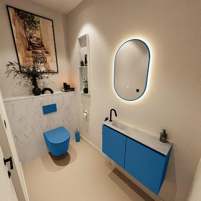 MONDIAZ TURE-DLUX 80cm toiletmeubel Jeans. EDEN wastafel Opalo positie links. Met 1 kraangat. TUREDX80JEAL1OPA