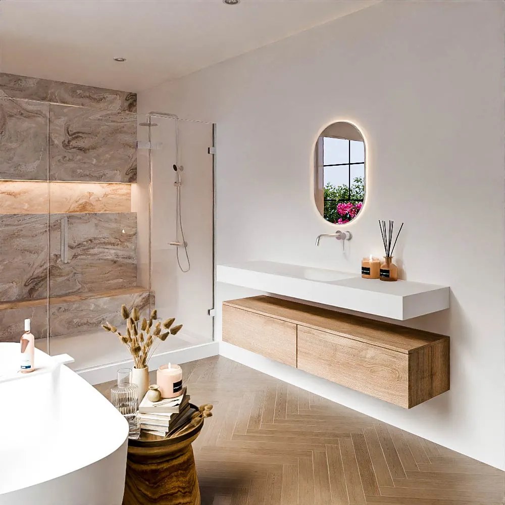 Zaro Alan badmeubel 160cm washed oak 2 lades met vrijhangende wastafel cloud midden zonder kraangat talc