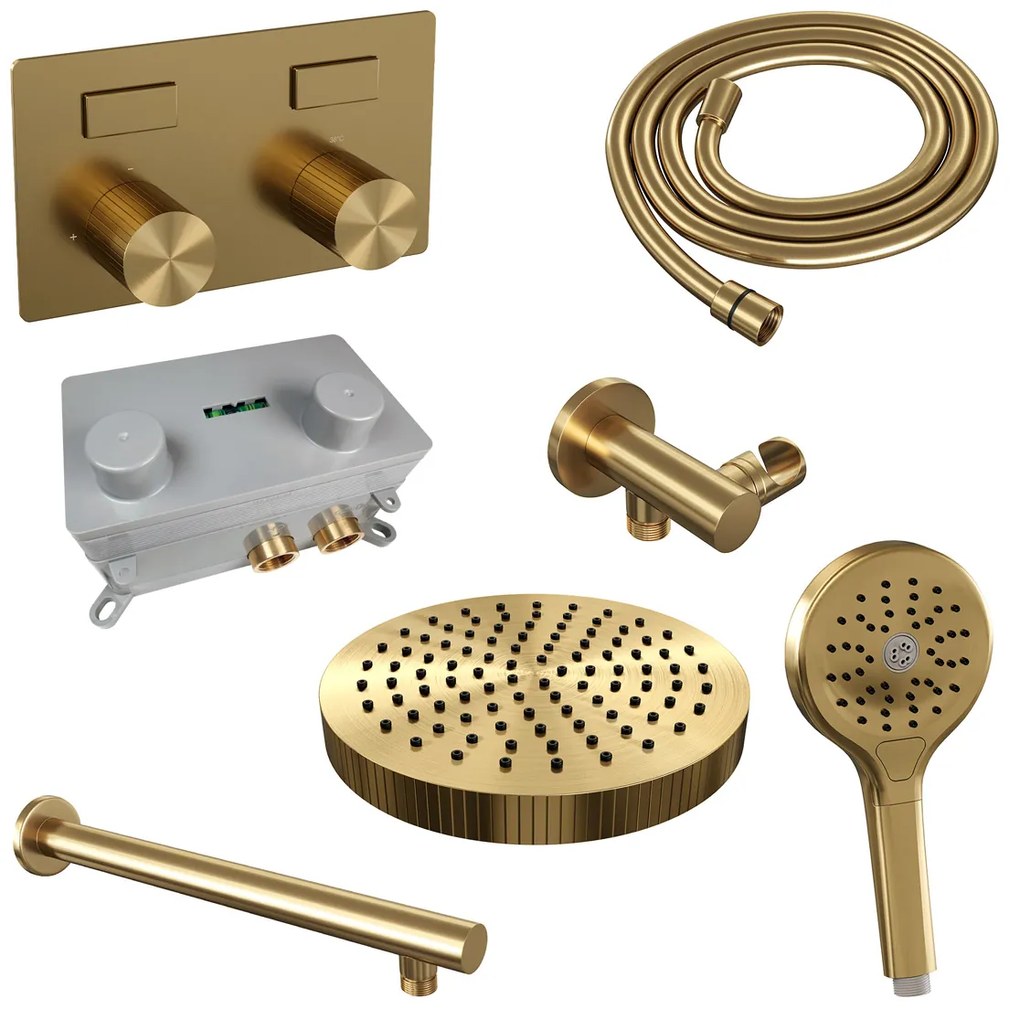 Brauer Stripe inbouw regendouche met 25cm hoofddouche, rechte muurarm en 3 standen handdouche set 28 messing geborsteld PVD
