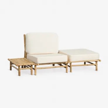 Tuinset Met Stoel, Poef En Rechthoekige Zijtafel 75x40 Cm Van Bamboe Isendra Stof Wit - Sklum