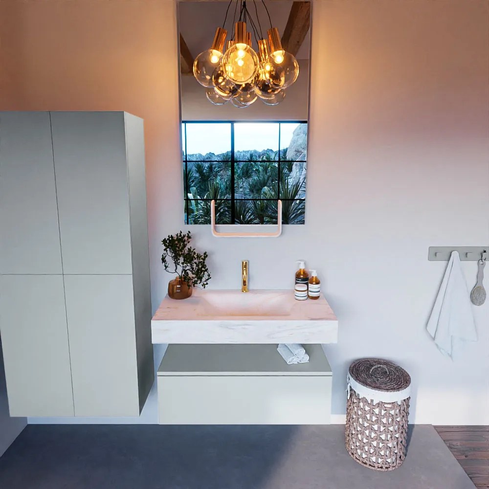 Mondiaz Alan DLux badmeubel 90cm clay 1 lade met wastafel ostra midden 1 kraangat