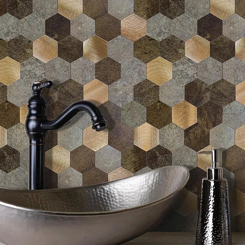 Zelfklevend Mozaïek Hexagon Koper - 29.5 cm x 29.5 cm x 0.4 cm | 0.5 kg | Paneli zelfklevende steenstrips