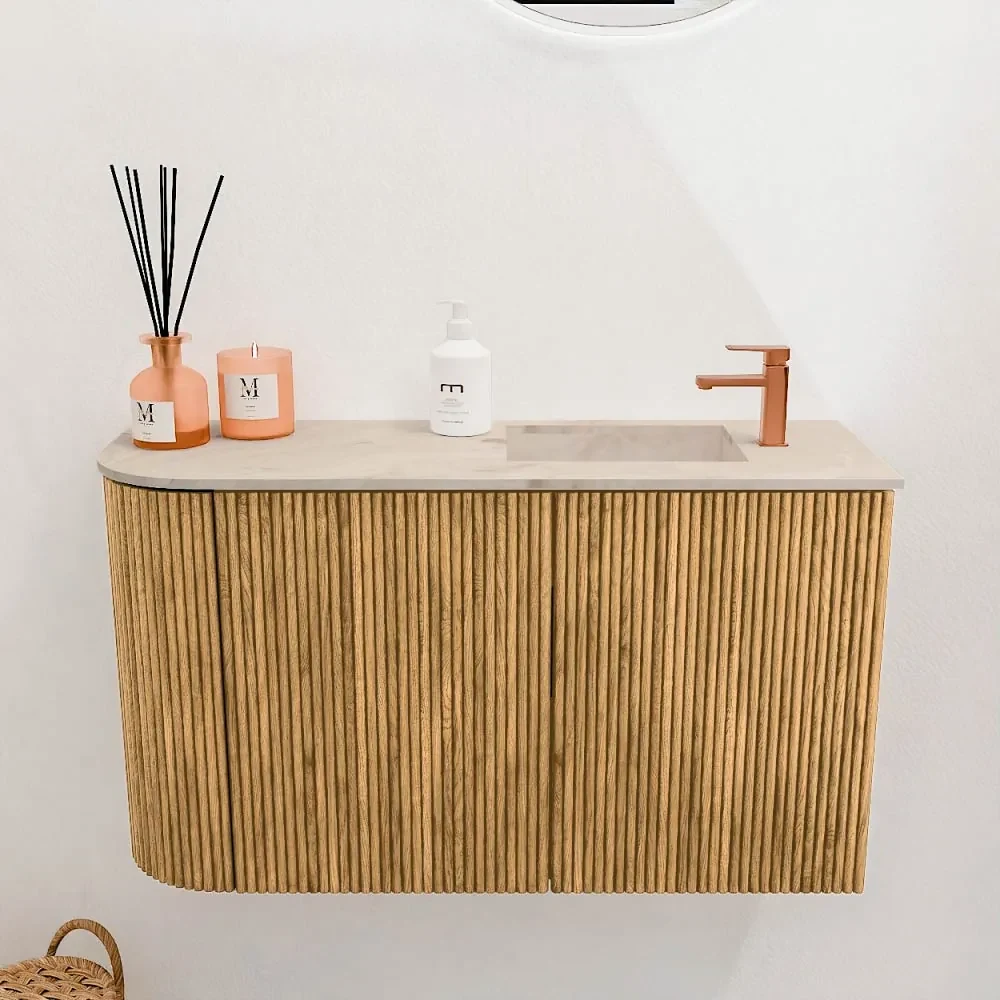 Commode Ronding Inkomhal Mondiaz Joya DLux 70cm toiletmeubel ronding links oak met wastafel faye ...