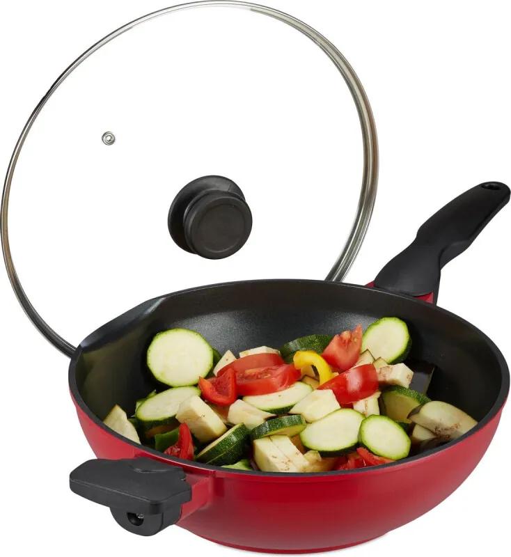 Wokpan met deksel - rode wok - aluminium - anti aanbaklaag - 30 cm - braadpan