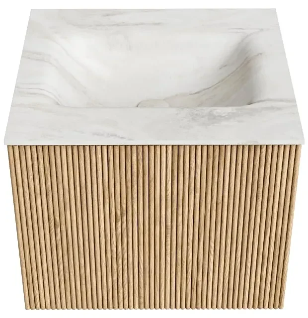 Mondiaz Kurve-dlux 50cm badmeubel oak met 1 lade en wastafel grunne midden 1 kraangat ostra