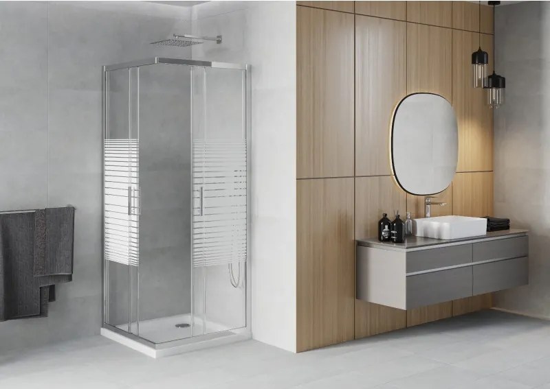 Mexen Rio vierkante douchecabine 80 x 80 cm, witte strepen, chroom + Flat douchebak, wit - 860-080-080-01-20-4010