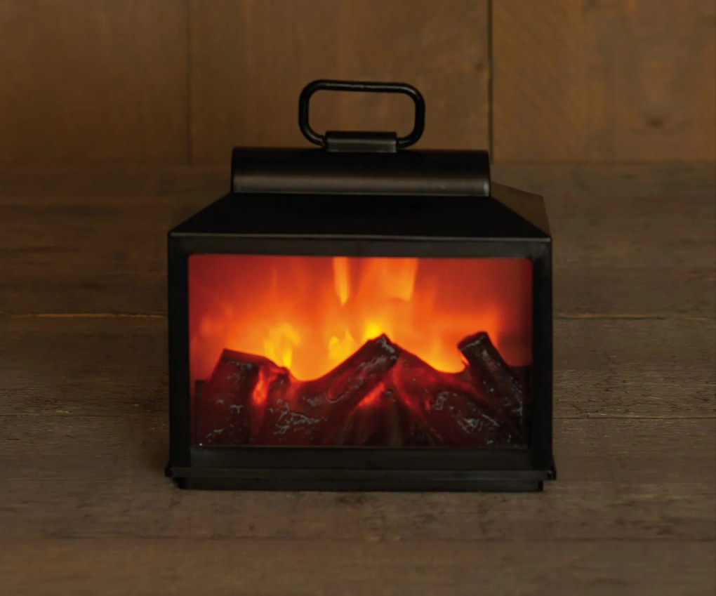 Lantaarn met haard - zwart - L18 x B9 x H16 cm - ledverlichting met vlameffect - met timer - werkt op batterijen