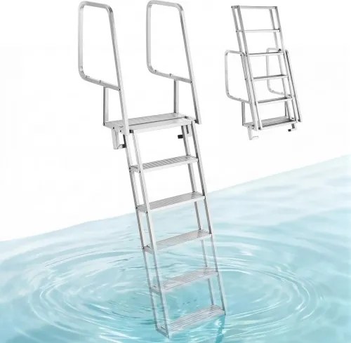 VEVOR opvouwbare aanlegsteigerladder, bootladder met 6 antislip treden, brede pedalen en leuning, draagvermogen 159 kg, aluminiumlegering zwembadladder, toegangsladder voor aanlegsteigers, zwembaden, meren, jachten, zilver
