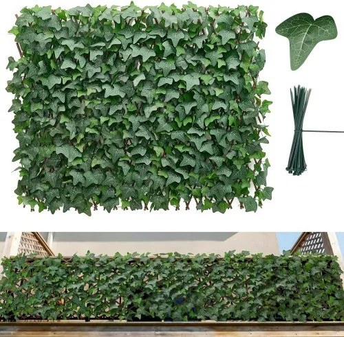 VEVOR kunsthaag 63,5x320 cm, plantenwand, uitschuifbaar privacyscherm, klimop privacyscherm, windscherm, haagafscheiding, kunstplanten balkonbekleding voor bruiloften, buitentuinen, achtertuinen