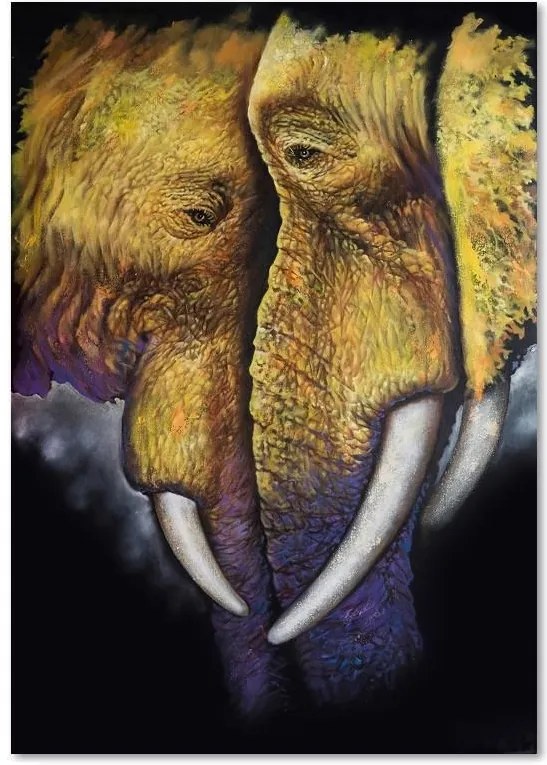 Schilderij - Olifanten in love, geel, paars