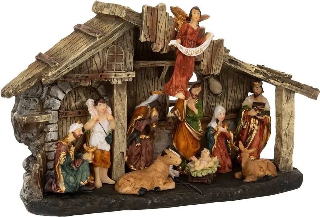 LED Kerststal met 11 Figuurtjes - 3 LED-lampjes - Hoogte 18 cm - Warm Wit Licht - Werkt op batterijen (2 x LR44)