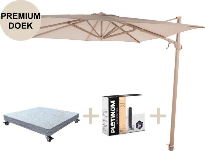 Siesta premium zweefparasol 300x300 cm latte frame sand 4 Seasons Outdoor met robuust 90 KG voet en hoes
