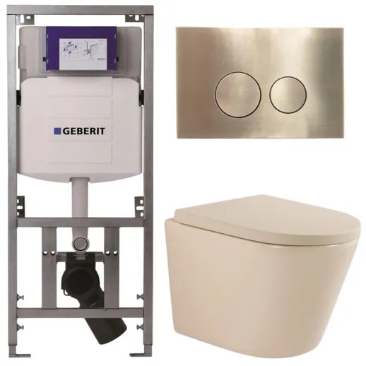 QeramiQ Dely Toiletset - 36.3x51.7cm - diepspoel - rimless - Geberit UP320 inbouwreservoir - softclose toilet zitting 35 mm - geborsteld messing bedieningsplaat - ronde knoppen - mat beige SW1000764/SW1000771/0701131/SW706200