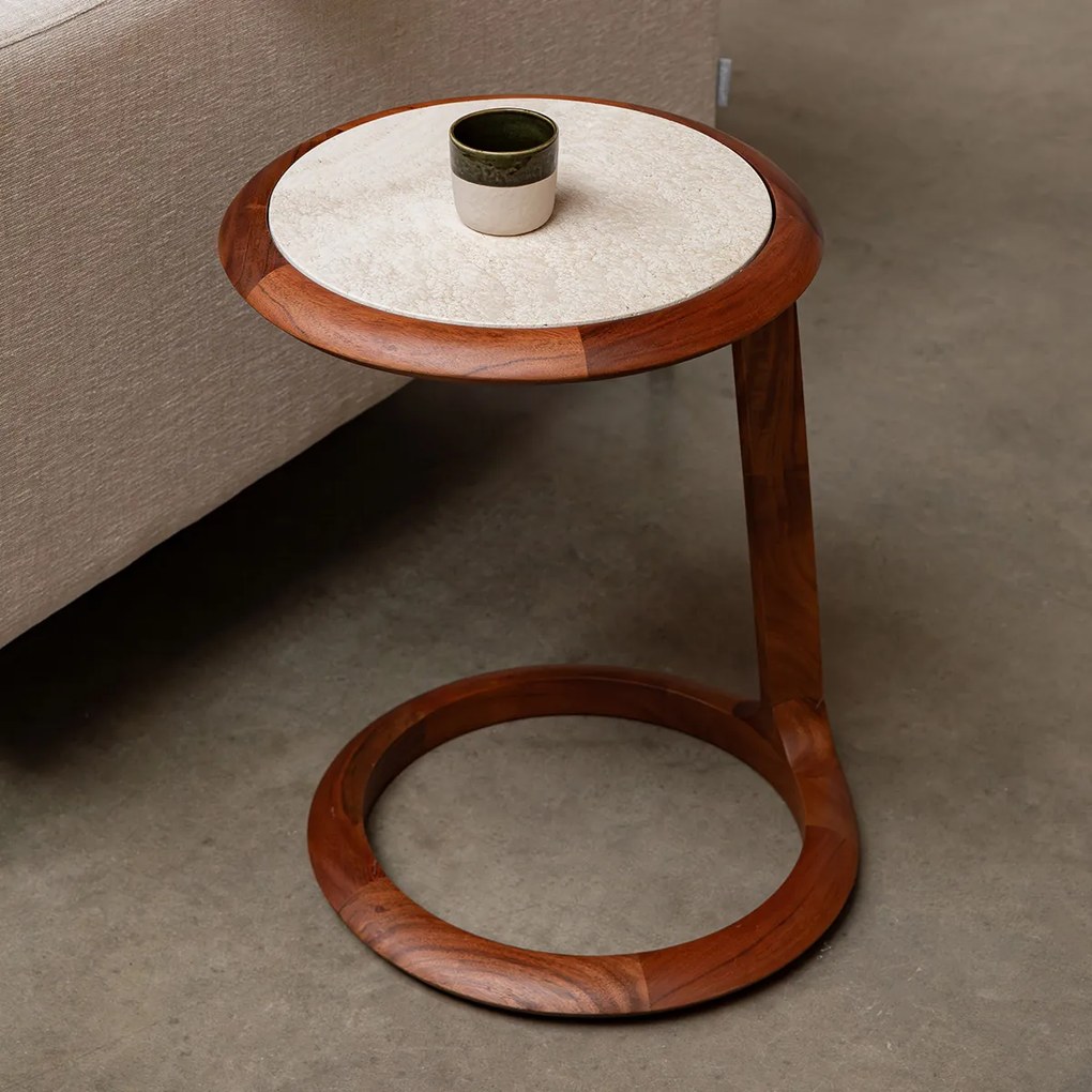 Zuiver Doppio Walnoot Bijzettafel Met Travertin - 41 X 45cm.