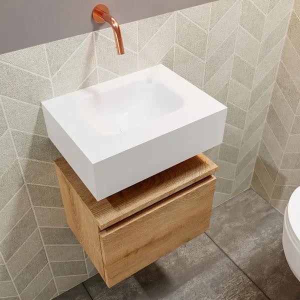 MONDIAZ ANDOR Toiletmeubel 40x30x30cm met 0 kraangaten 1 lades washed oak mat Wastafel Lex midden Solid Surface Wit FK75343362