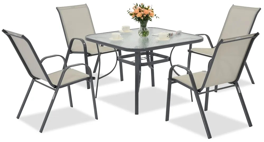 Modena metalen tuinmeubelen voor 4 personen met Garden Point vierkante tafel lichtgrijs
