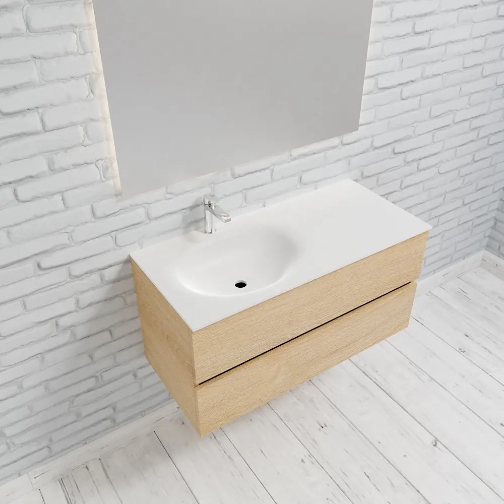 Zaro Sevilla Solid Surface badmeubel 100cm licht eiken 1 kraangat spoelbak links met 2 lades