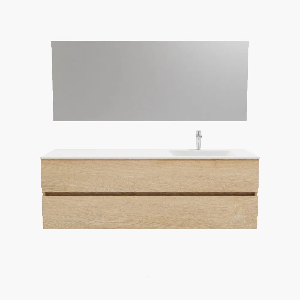 Zaro Valencia Solid Surface badmeubel 150cm licht eiken 1 kraangat spoelbak rechts met 2 lades