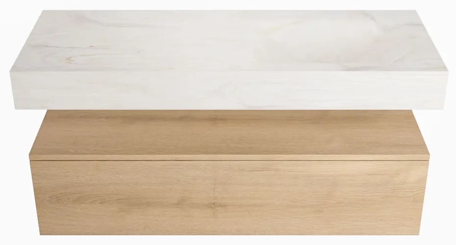 Mondiaz Alan DLux badmeubel 120cm washed oak 1 lade met wastafel ostra rechts 1 kraangat