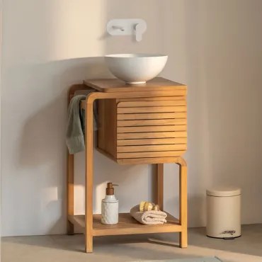 Bradley Teakhouten Badkamermeubelset Rond Wit Keramiek Ø30 Cm Calgari & Spiegelloze & Wit Ingebed Met Aftapkraan Zonder Overloop Alameda - Sklum
