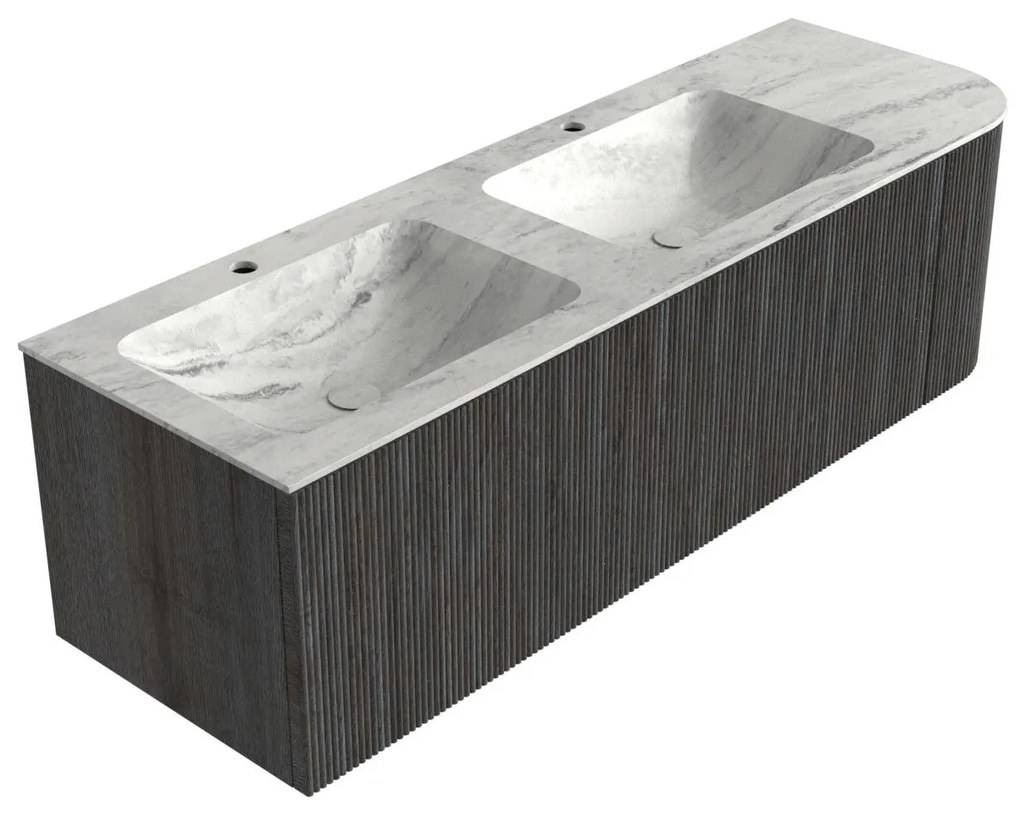 Mondiaz Kurve-dlux 145cm badmeubel ronding rechts shadow met 1 lade en deur en wastafel leaf dubbel/links 2 kraangaten opalo