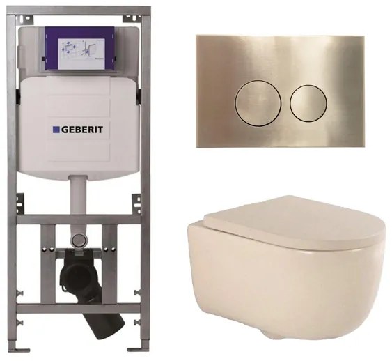 QeramiQ Dely Swirl Toiletset - 36.3x51.7cm - Geberit UP320 inbouwreservoir - met Burda frame - 35mm zitting - geborsteld messing bedieningsplaat - ronde knoppen - beige 0701131/SW706200/SW1000771/SW1026259