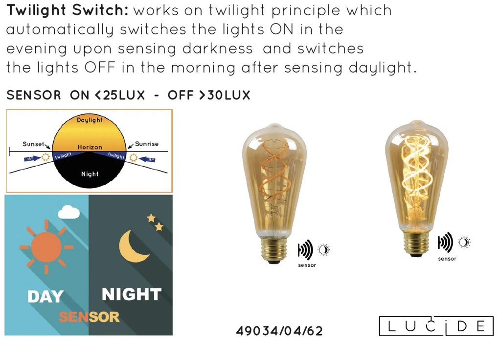 Lucide Bulb LED lamp met dag/nacht sensor 2200K E27 4W 6.4cm amber