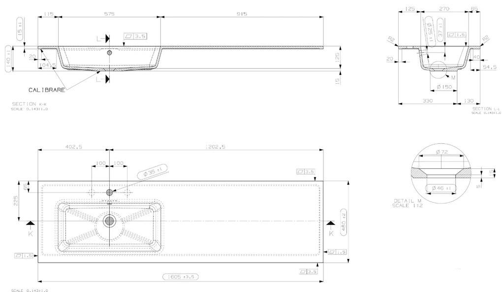 Saniclear Cosmos fine stone wastafel links 160x46cm met kraangat mat wit