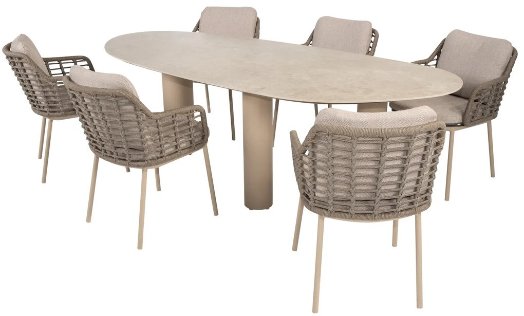 Taste by 4 Seasons Puglia tuinset latte met Denia tafel met geprint keramisch blad 240 cm Tuinset taupe weerbestendig