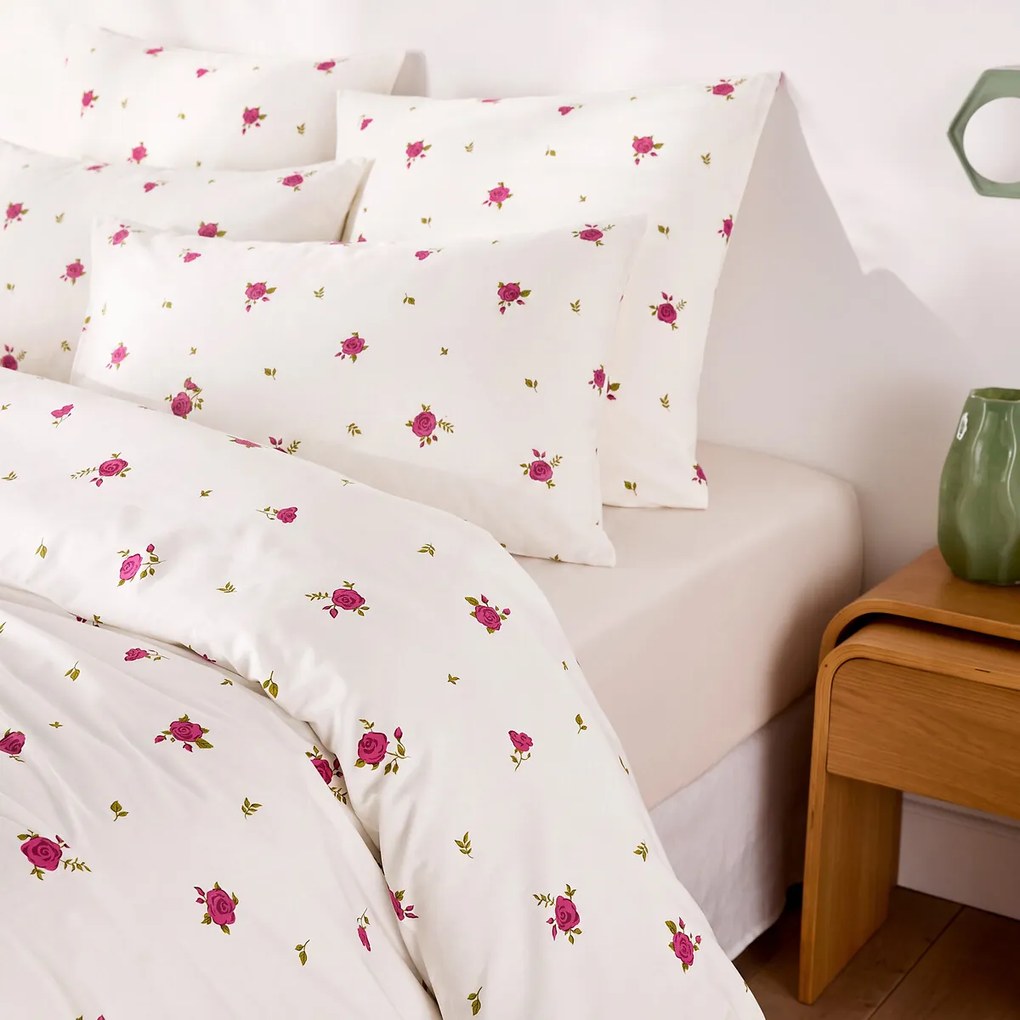 Beddengoedset van 30% gerecycled katoen, rechthoekige kussensloop, rozenprint, ROSAN