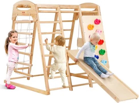 VEVOR Klimrek 7 in 1 Indoor Speeltuin voor Peuters, Houten Indoor Klimspeelgoed met Houten en Touwladder, Netladder, Schommel, Klimrek, Glijbaan, Klimwand