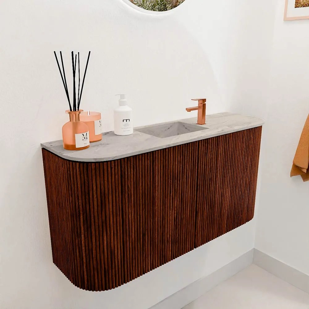 Mondiaz Joya DLux 85cm toiletmeubel ronding links/rechts ruby met wastafel faye midden 1 kraangat glace