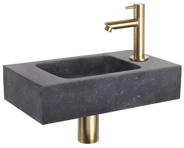 Differnz Force fonteinset - 40x22x9cm - Rechthoek - 1 kraangat - Recht matte goude kraan - Natuursteen Zwart SW524002/SW533192/SW644702/SW865583