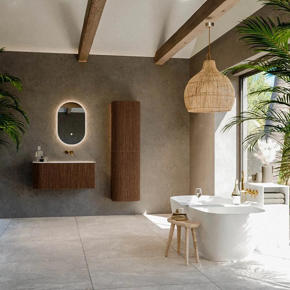 Mondiaz Kurve-dlux 95cm badmeubel ronding links walnut met 1 lade en deur en wastafel big small rechts zonder kraangat frappe