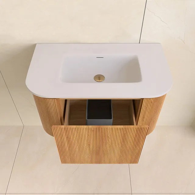 Lambini Designs Eleganza rond badmeubel 80cm acacia met ribbelfront en wastafel zonder kraangat