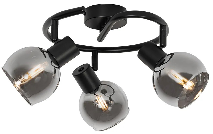 Art Deco plafondlamp zwart met smoke glas 3-lichts rond - Vidro