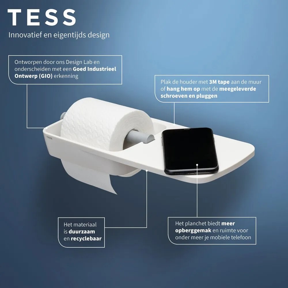 Tiger Tess toiletrolhouder met planchet wit/lichtgrijs