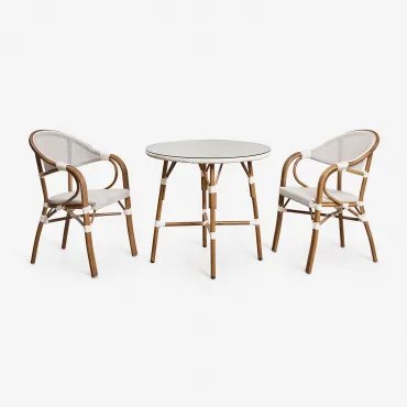 Brielle Bistro Ronde Tafelset, Ø80 Cm, En Twee Stapelbare Eetkamerstoelen Met Armleuningen Van Aluminium. Gardenia Wit - Sklum