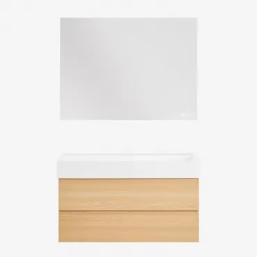 Ona Zwevend Badkamermeubelset Van Hout En Essenfineer Met Geïntegreerde Wastafel Natuurlijk Hout & Zonder Kraan & Rectangular Led And Antifog 120x90 C