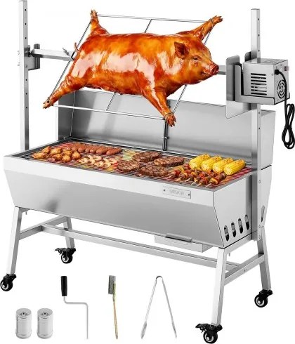 VEVOR Rotisserie Grill 38 W voor speenvarken, lamsvlees en houtskool (94 cm grilllengte) met een draagvermogen van 60 kg, 7 hoogte-instellingen en een beschermplaat. Deze elektrische grillset van roestvrij staal is ideaal voor kamperen en buitengebruik.