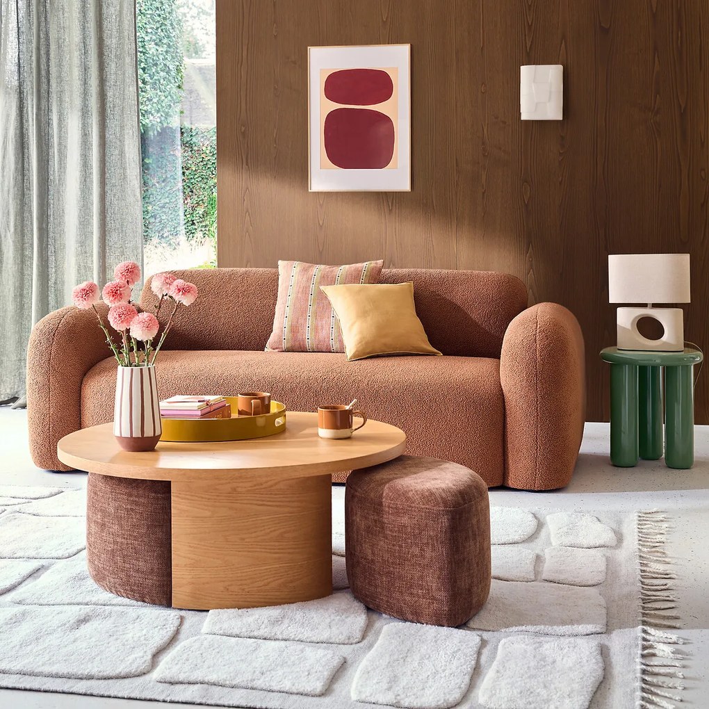 Ronde eiken gefineerde salontafel met 2 poefs, JEN