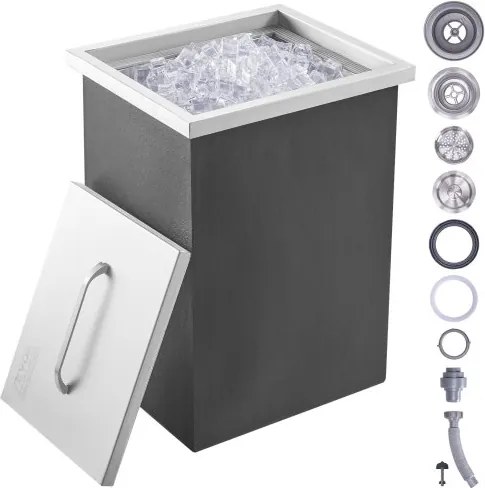 VEVOR Drop-in ijsbox, 25,3 liter roestvrijstalen ijskoeler, 355 x 305 x 461 mm commerciële ijscontainer met deksel, ingebouwde ijskast, afvoerpijp en afvoerplug inbegrepen