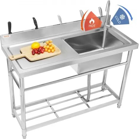 VEVOR RVS vrijstaande spoelbak met enkele kom, werkbladkraan en poten, 500 x 330 x 220 mm. Commerciële spoelbak met enkele kom voor garage, restaurant, wasruimte.