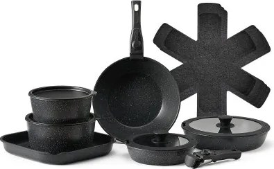 VEVOR Inductiepannenset (17 stuks) met glazen deksel, antiaanbakpannen met afneembare handgreep, inductiekookpannen voor bakken, kruiden en koken (zwart)