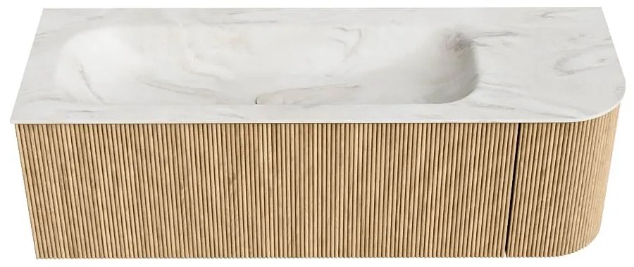 Mondiaz Kurve-dlux 135cm badmeubel ronding rechts oak met 1 lade en deur en wastafel big medium links zonder kraangat ostra