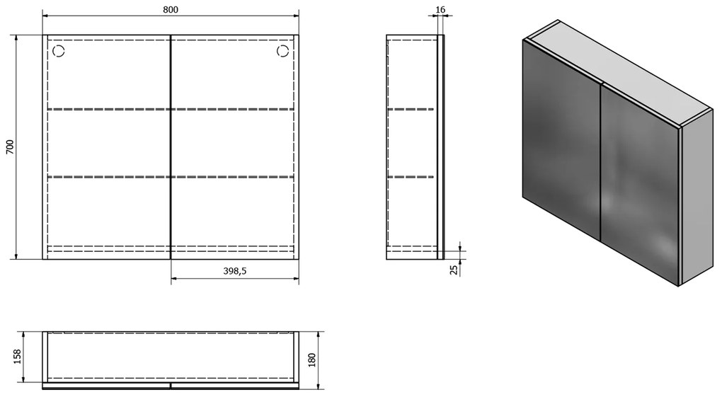 Aqualine Vega spiegelkast 80x70x18cm 2 deuren wit