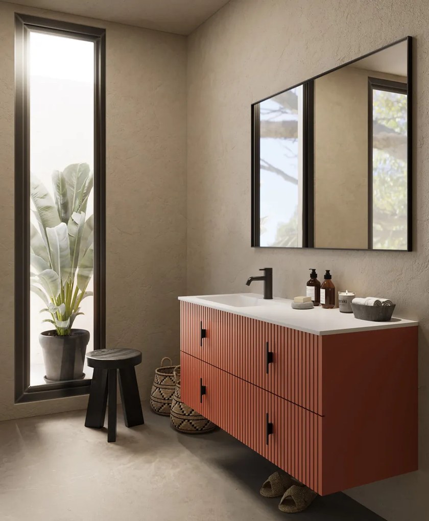 Muebles Avila badmeubel ribbelfront 120cm terracotta met wastafel links met kraangat